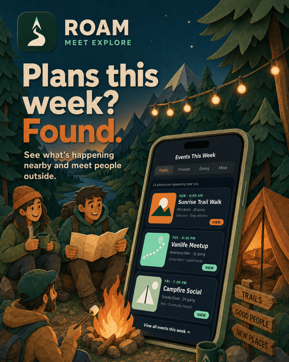 Outdoor travelers finding nearby events in RME