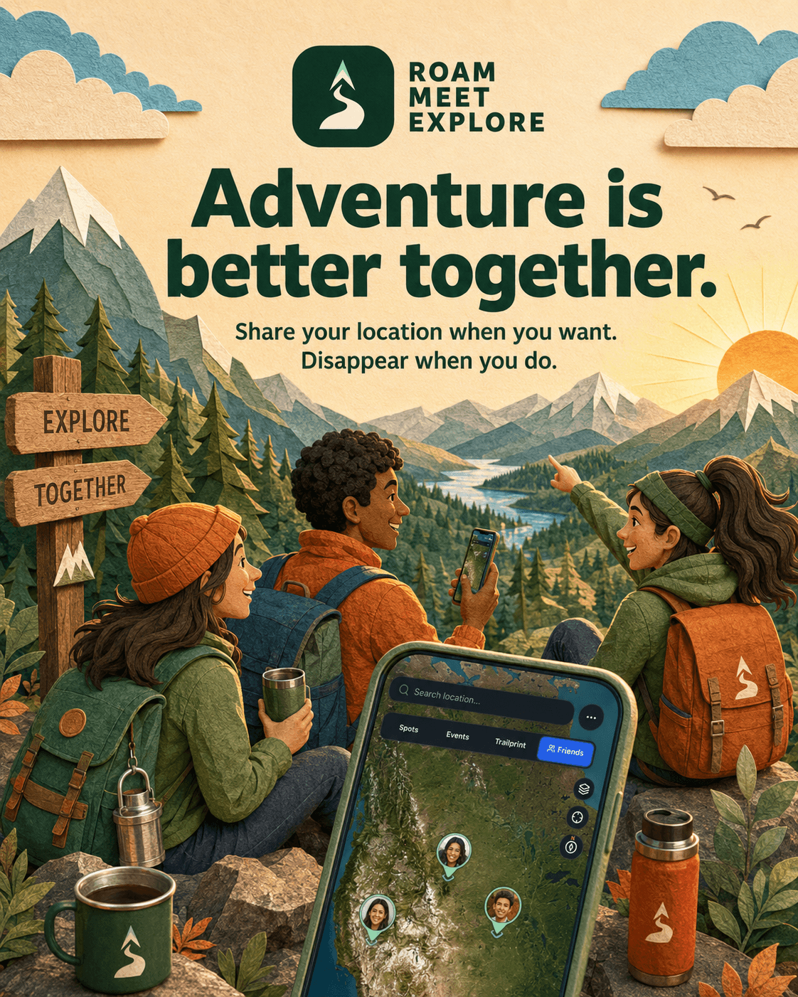 Friends exploring together with optional RME location sharing