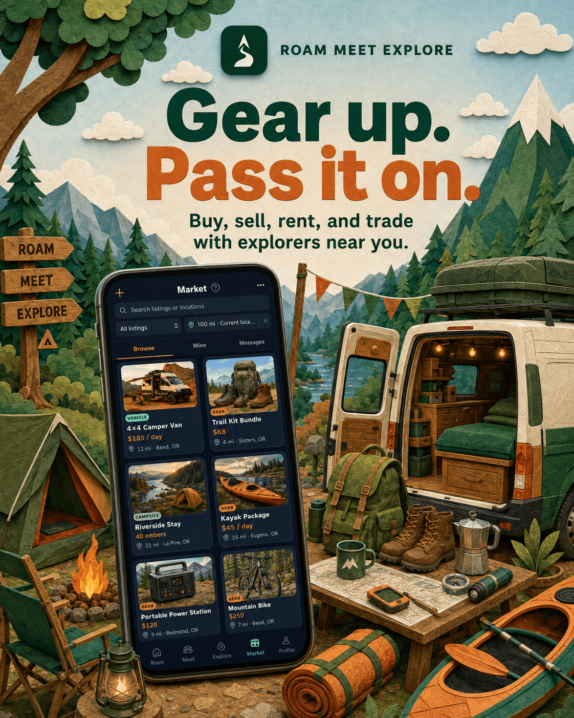 RME marketplace for outdoor gear, vehicles, rentals, and campsites