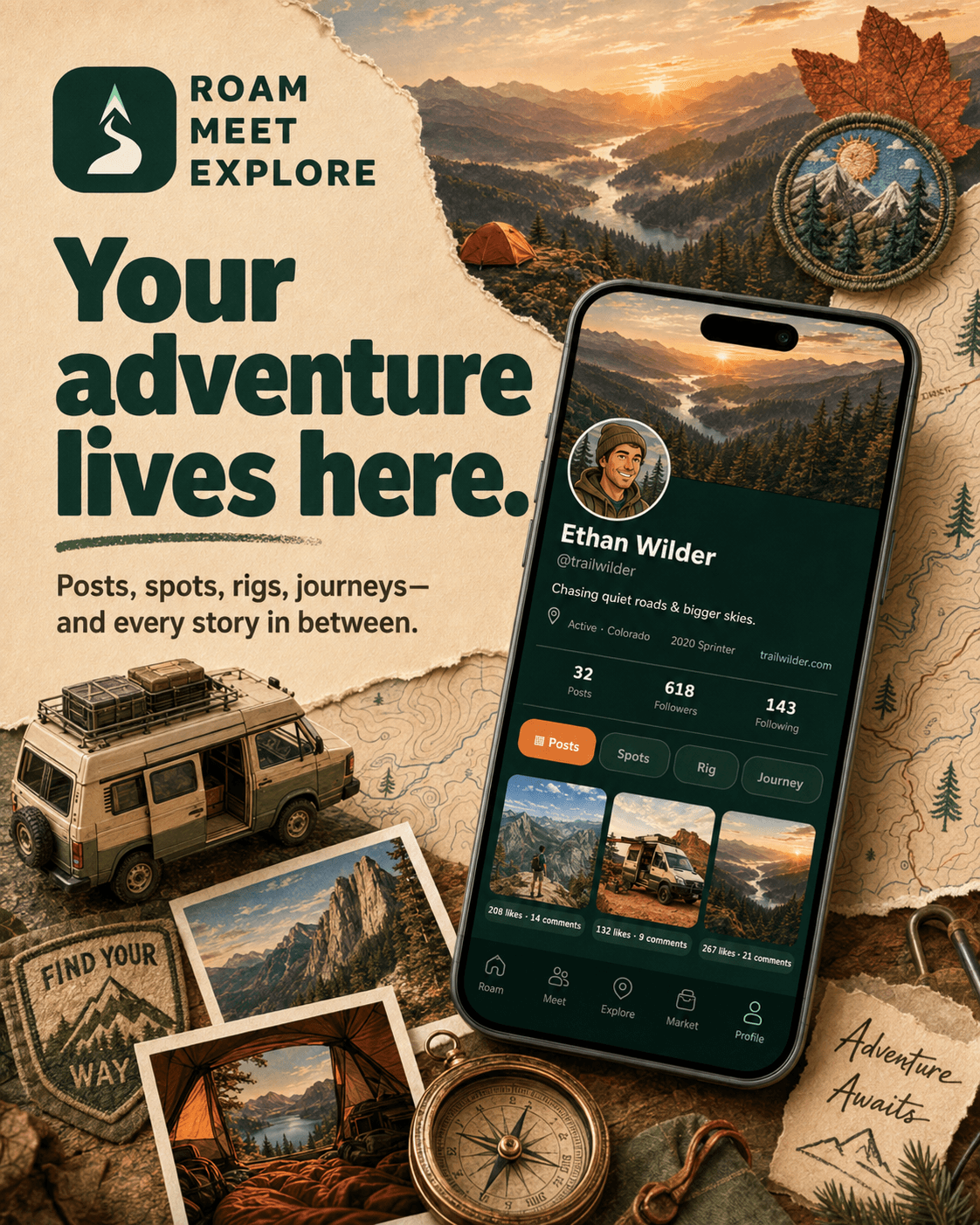 An RME adventure profile surrounded by maps and travel memories