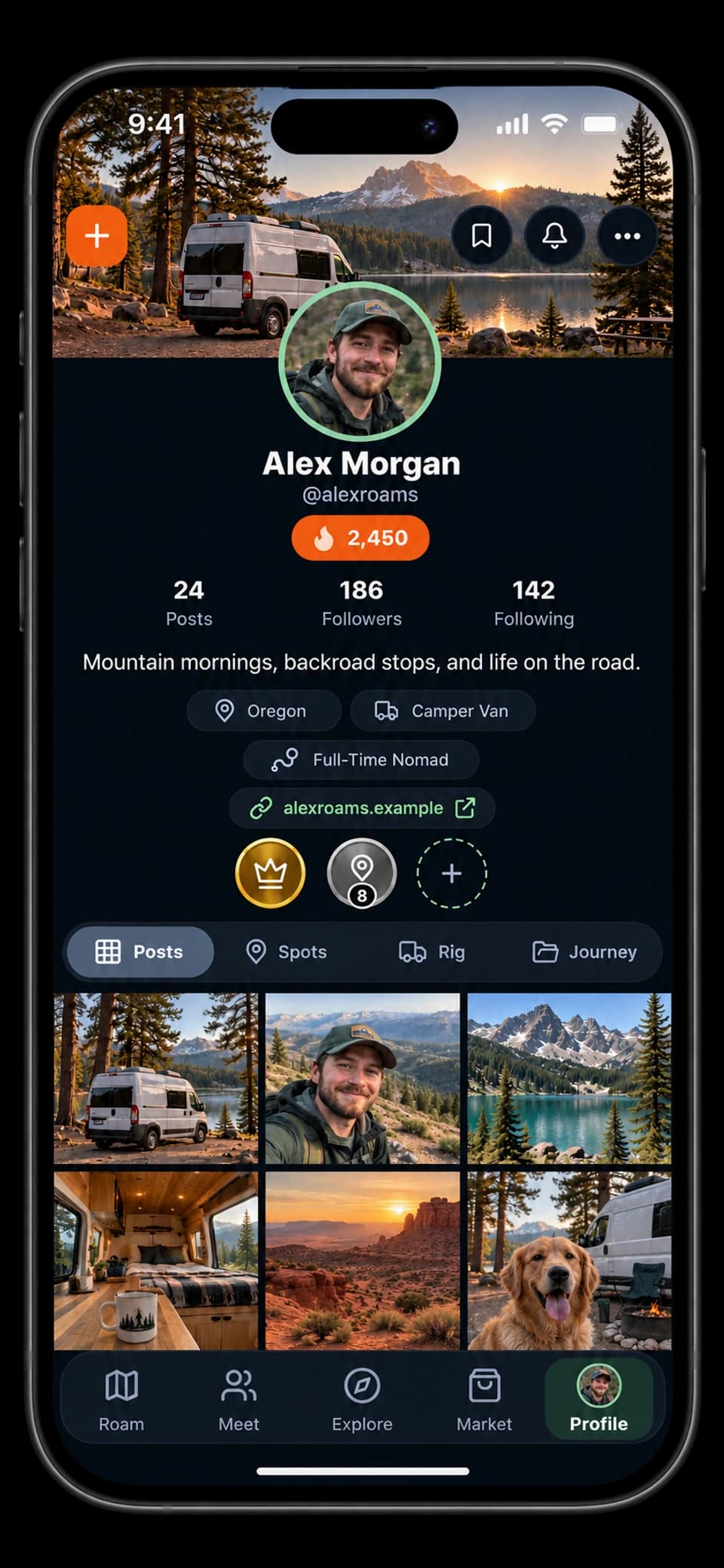 RME app on iPhone: traveler profile with centered avatar, achievements, rig details, and photo grid